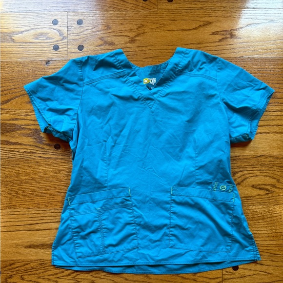 Wonderwink size large Blue Scrub Top and Pants Set with lime green accents - Picture 2 of 8